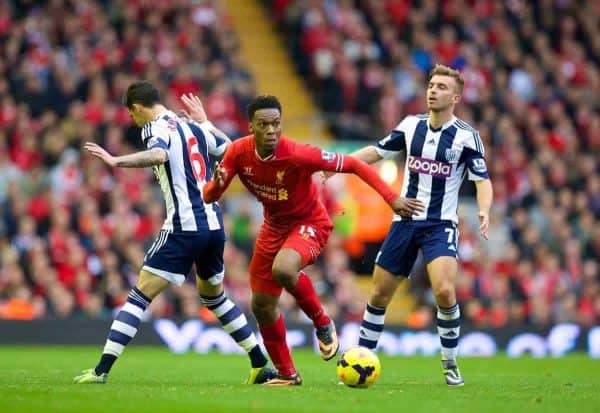 LIVERPOOL, ENGLAND - Saturday, October 26, 2013: Liverpool's Daniel Sturridge in action against West Bromwich Albion during the Premiership match at Anfield. (Pic by David Rawcliffe/Propaganda)