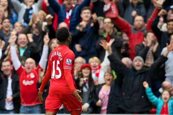 LIVERPOOL, ENGLAND - Saturday, October 26, 2013: Liverpool's Daniel Sturridge celebrates scoring the fourth goal against West Bromwich Albion during the Premiership match at Anfield. (Pic by David Rawcliffe/Propaganda)