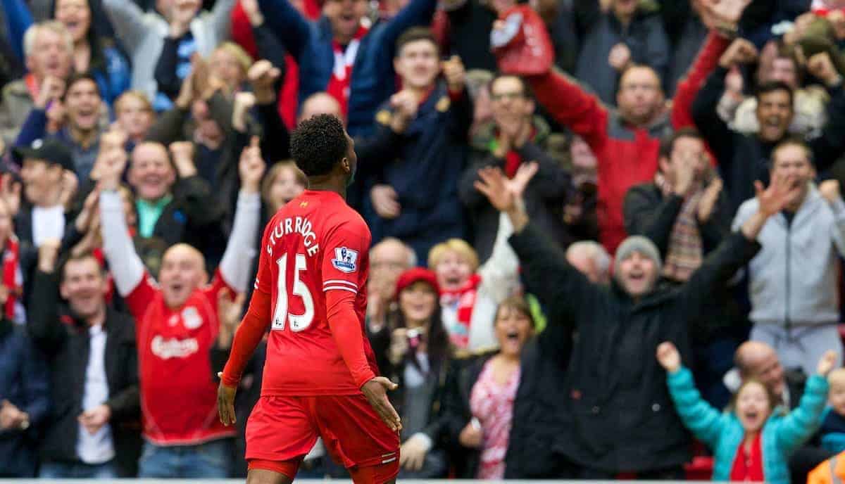 LIVERPOOL, ENGLAND - Saturday, October 26, 2013: Liverpool's Daniel Sturridge celebrates scoring the fourth goal against West Bromwich Albion during the Premiership match at Anfield. (Pic by David Rawcliffe/Propaganda)