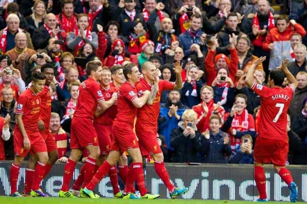 LIVERPOOL, ENGLAND - Saturday, November 9, 2013: Liverpool's Martin Skrtel celebrates scoring the second goal against Fulham during the Premiership match at Anfield. (Pic by David Rawcliffe/Propaganda)