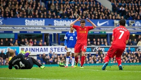 LIVERPOOL, ENGLAND - Saturday, November 23, 2013: Liverpool's Joe Allen looks dejected after missing a chance against Everton during the 221st Merseyside Derby Premiership match at Goodison Park. (Pic by David Rawcliffe/Propaganda)