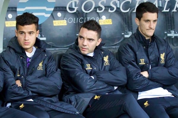 HULL, ENGLAND - Sunday, December 1, 2013: Liverpool's substitute's bench Joe Allen, Daniel Agger, Mamadou Sakho, Philippe Coutinho Correia, Iago Aspas and Luis Alberto before the Premiership match against Hull City at the KC Stadium. (Pic by David Rawcliffe/Propaganda)