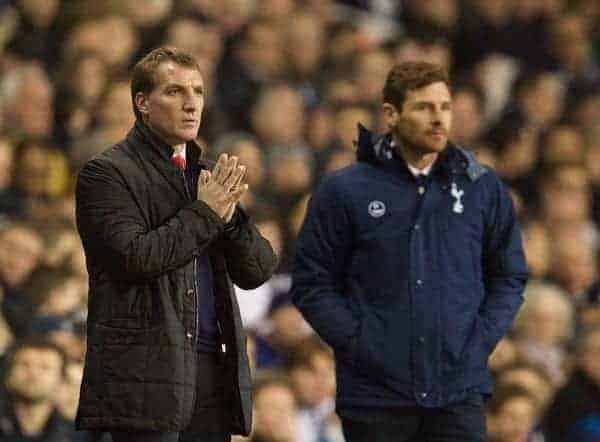 LONDON, ENGLAND - Sunday, December 15, 2013: Liverpool's manager Brendan Rodgers and Tottenham Hotspur's manager Andre Villas-Boas during the Premiership match at White Hart Lane. (Pic by David Rawcliffe/Propaganda)