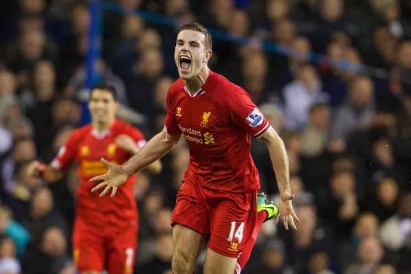 LONDON, ENGLAND - Sunday, December 15, 2013: Liverpool's Jordan Henderson celebrates scoring the second goal against Tottenham Hotspur during the Premiership match at White Hart Lane. (Pic by David Rawcliffe/Propaganda)