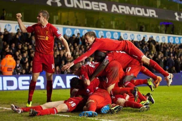 LONDON, ENGLAND - Sunday, December 15, 2013: Liverpool's Jon Flanagan celebrates scoring the third goal against Tottenham Hotspur with team-mate Jordan Henderson, Lucas Leiva during the Premiership match at White Hart Lane. (Pic by David Rawcliffe/Propaganda)