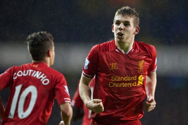 LONDON, ENGLAND - Sunday, December 15, 2013: Liverpool's Jon Flanagan celebrates scoring the third goal against Tottenham Hotspur during the Premiership match at White Hart Lane. (Pic by David Rawcliffe/Propaganda)