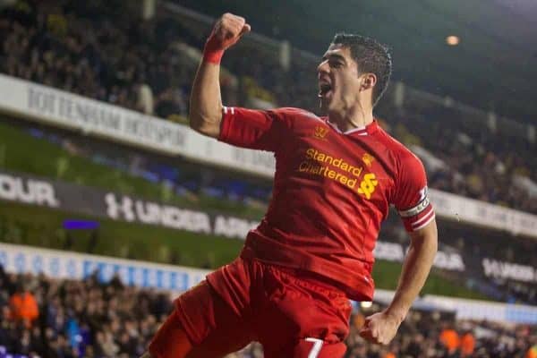 LONDON, ENGLAND - Sunday, December 15, 2013: Liverpool's Luis Suarez celebrates scoring the fourth goal against Tottenham Hotspur during the Premiership match at White Hart Lane. (Pic by David Rawcliffe/Propaganda)