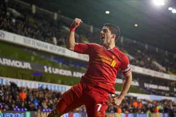 LONDON, ENGLAND - Sunday, December 15, 2013: Liverpool's Luis Suarez celebrates scoring the fourth goal against Tottenham Hotspur during the Premiership match at White Hart Lane. (Pic by David Rawcliffe/Propaganda)