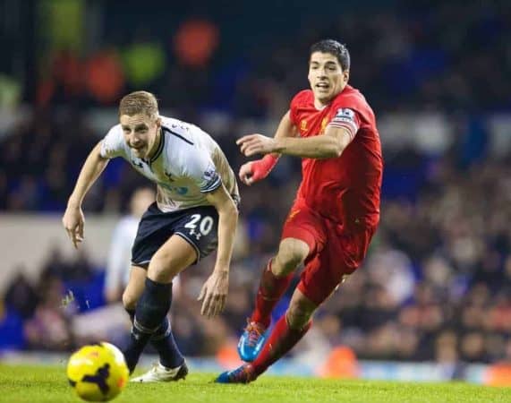 LONDON, ENGLAND - Sunday, December 15, 2013: Liverpool's captain captain Steven Gerrard in action against Tottenham Hotspur's Sandro Raniere during the Premiership match at White Hart Lane. (Pic by David Rawcliffe/Propaganda)