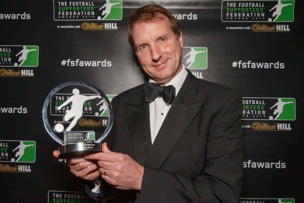 LONDON, ENGLAND - Monday, December 16, 2013: Daily Telegraph journalist Henry Winter receives the Writer of the Year Award at the Football Supporters Federation Awards Night at the Emirates Stadium. (Pic by Steve Welsh/William Hill/Propaganda).