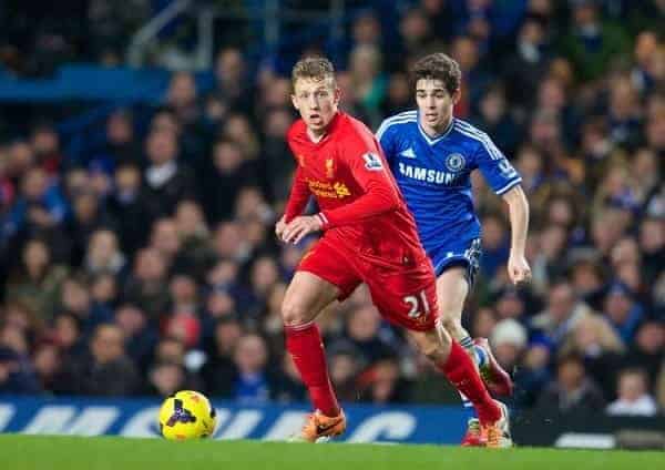 LONDON, ENGLAND - Sunday, December 29, 2013: Liverpool's Lucas Leiva in action against Chelsea during the Premiership match at Stamford Bridge. (Pic by David Rawcliffe/Propaganda)