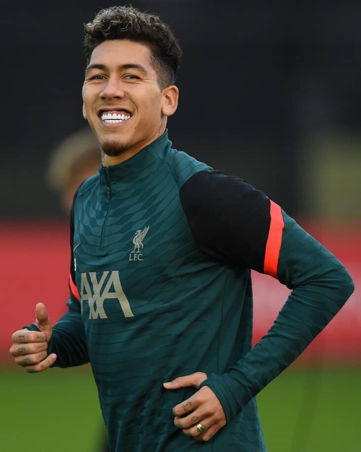 Roberto Firmino of Liverpool in action during a training session at AXA Training Centre on January 18, 2022 in Kirkby, England. (Photo by John Powell/Liverpool FC via Getty Images)