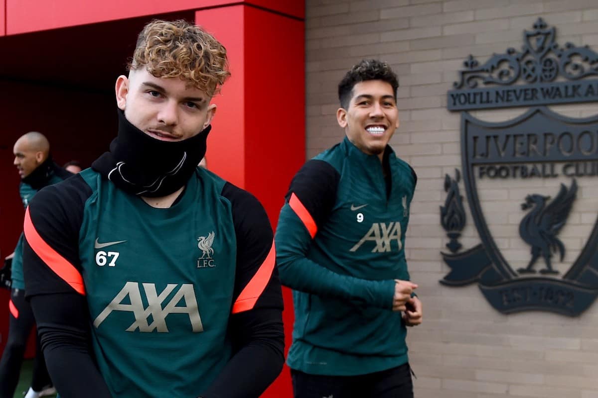 Harvey Elliott and Roberto Firmino of Liverpool during a training session at AXA Training Centre on January 18, 2022 in Kirkby, England. (Photo by Andrew Powell/Liverpool FC via Getty Images)