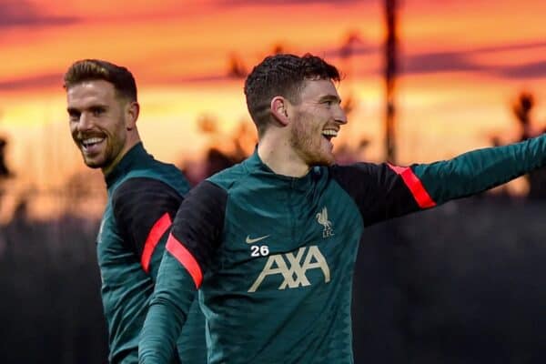 Andy Robertson and Jordan Henderson captain of Liverpool during a training session at AXA Training Centre on January 18, 2022 in Kirkby, England. (Photo by Andrew Powell/Liverpool FC via Getty Images)