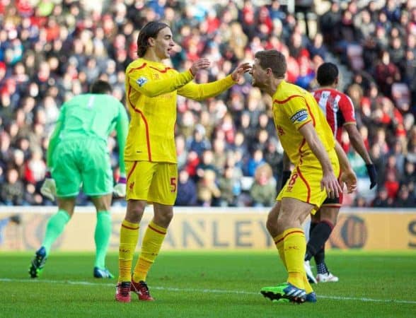 SUNDERLAND, ENGLAND - Saturday, January 10, 2015: Liverpool's Lazar Markovic celebrates scoring the only goal of the game against Sunderland with team-mate captain Steven Gerrard during the Premier League match at the Stadium of Light. (Pic by David Rawcliffe/Propaganda)