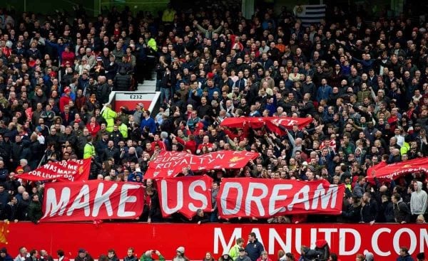 MANCHESTER, ENGLAND - Sunday, March 16, 2014: Liverpool supporters' banner 'Make Us Dream' before the Premiership match against Manchester United at Old Trafford. (Pic by David Rawcliffe/Propaganda)