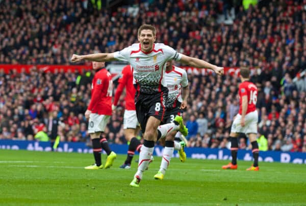 MANCHESTER, ENGLAND - Sunday, March 16, 2014: Liverpool's captain Steven Gerrard celebrates scoring the second goal against Manchester United from the penalty spot during the Premiership match at Old Trafford. (Pic by David Rawcliffe/Propaganda)