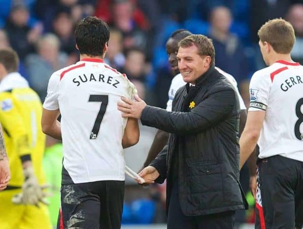 CARDIFF, WALES - Saturday, March 22, 2014: Liverpool's manager Brendan Rodgers with hat-trick hero Luis Suarez after the 6-3 victory over Cardiff City during the Premiership match at the Cardiff City Stadium. (Pic by David Rawcliffe/Propaganda)