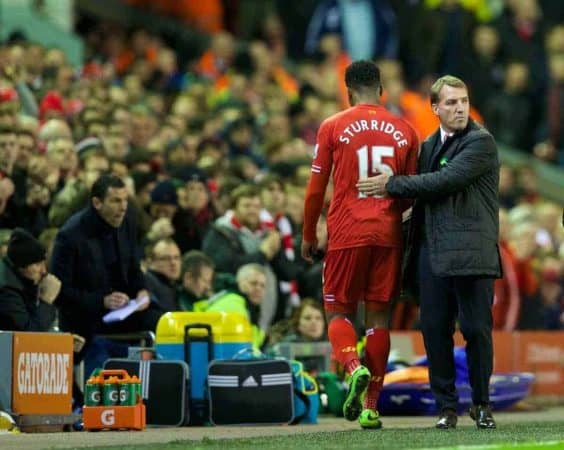 LIVERPOOL, ENGLAND - Wednesday, March 26, 2014: Liverpool's Daniel Sturridge and manager Brendan Rodgers as he is substituted against Sunderland during the Premiership match at Anfield. (Pic by David Rawcliffe/Propaganda)