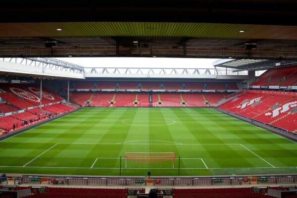 LIVERPOOL, ENGLAND - Sunday, March 30, 2014: A general view of Liverpool's Anfield Stadium, from the Spion Kop showing the Anfield Road stand opposite, before the Premiership match against Tottenham Hotspur at Anfield. (Pic by David Rawcliffe/Propaganda)