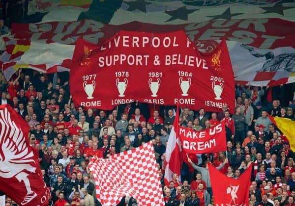 LIVERPOOL, ENGLAND - Sunday, March 30, 2014: Liverpool supporters' banner 'Liverpool FC Support & Believe' during the Premiership match against Tottenham Hotspur at Anfield. (Pic by David Rawcliffe/Propaganda)