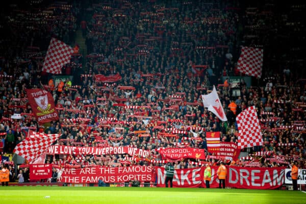 LIVERPOOL, ENGLAND - Sunday, March 30, 2014: Liverpool supporters' banner 'We are the Famous Kopites' on the Spion Kop before the Premiership match against Tottenham Hotspur at Anfield. (Pic by David Rawcliffe/Propaganda)