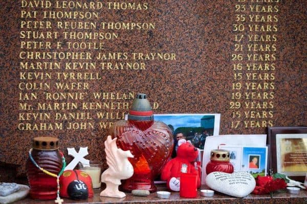 LIVERPOOL, ENGLAND - Sunday, April 13, 2014: Tributes left at the Hillsborough Memorial in the week of the 25th Anniversary of the Disaster pictured before the Premiership match against Manchester City at Anfield. (Pic by David Rawcliffe/Propaganda)
