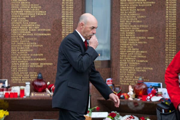 LIVERPOOL, ENGLAND - Sunday, April 13, 2014: Former Liverpool goalkeeper Bruce Grobbelaar pays his respects at the memorial to the 96 victims of the Hillsborough Stadium Disaster outside Anfield before the Premiership match against Manchester City. (Pic by David Rawcliffe/Propaganda)