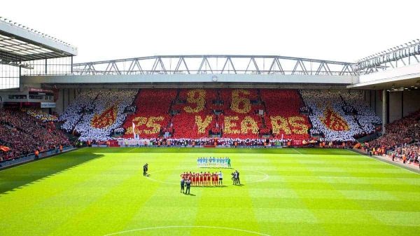 LIVERPOOL, ENGLAND - Sunday, April 13, 2014: The supporters on the Spion Kop make a mosaic toremember the 96 victims of the Hillsborough Stadium Disaster on the 25th Anniversary before the Premiership match against Manchester City at Anfield. (Pic by David Rawcliffe/Propaganda)