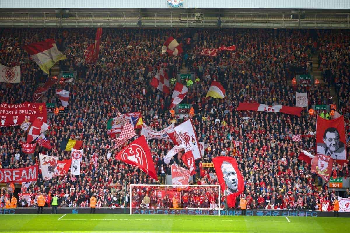 LIVERPOOL, ENGLAND - Sunday, April 13, 2014: Liverpool supporters on the Spion Kop before the Premiership match against Manchester City at Anfield. (Pic by David Rawcliffe/Propaganda)