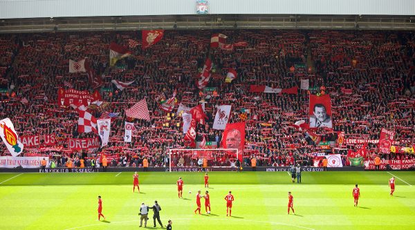 LIVERPOOL, ENGLAND - Sunday, April 13, 2014: Liverpool supporters on the Spion Kop before the Premiership match against Manchester City at Anfield. (Pic by David Rawcliffe/Propaganda)