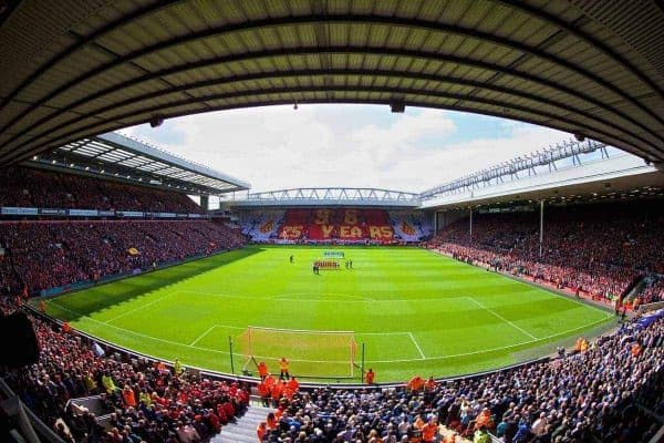 LIVERPOOL, ENGLAND - Sunday, April 13, 2014: The supporters on the Spion Kop make a mosaic toremember the 96 victims of the Hillsborough Stadium Disaster on the 25th Anniversary before the Premiership match against Manchester City at Anfield. (Pic by David Rawcliffe/Propaganda)