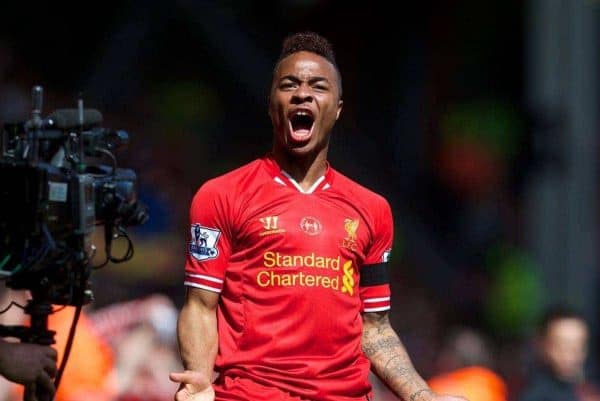 LIVERPOOL, ENGLAND - Sunday, April 13, 2014: Liverpool's Raheem Sterling celebrates scoring the first goal against Manchester City during the Premiership match at Anfield.  (Pic by David Rawcliffe/Propaganda)