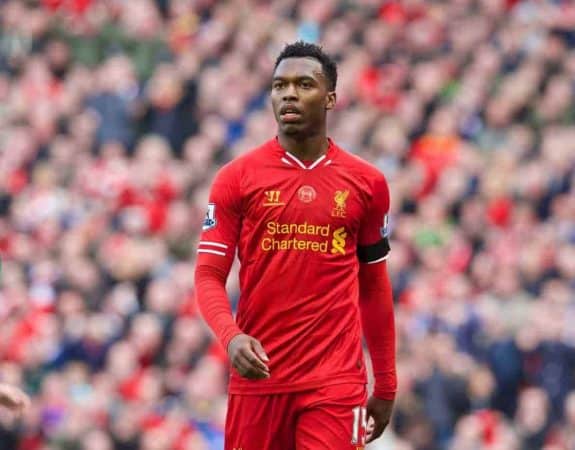 LIVERPOOL, ENGLAND - Sunday, April 13, 2014: Liverpool's Daniel Sturridge in action against Manchester City during the Premiership match at Anfield. (Pic by David Rawcliffe/Propaganda)