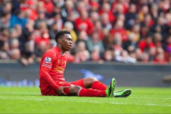 LIVERPOOL, ENGLAND - Sunday, April 13, 2014: Liverpool's Daniel Sturridge lies injured during the Premiership match against Manchester City at Anfield. (Pic by David Rawcliffe/Propaganda)