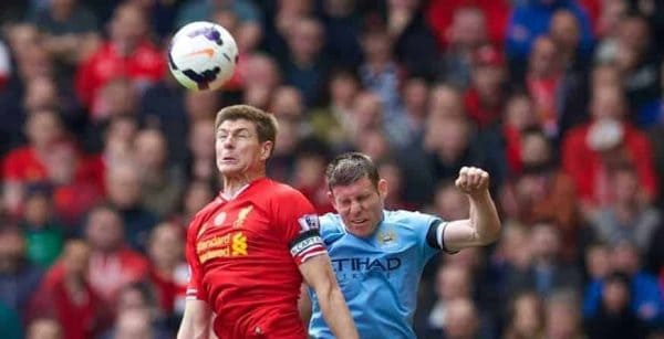 LIVERPOOL, ENGLAND - Sunday, April 13, 2014: Liverpool's captain Steven Gerrard in action against Manchester City's James Milner during the Premiership match at Anfield. (Pic by David Rawcliffe/Propaganda)