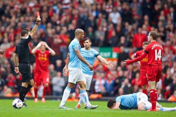 LIVERPOOL, ENGLAND - Sunday, April 13, 2014: Liverpool's Jordan Henderson is shown a red card and sent off against Manchester City during the Premiership match at Anfield. (Pic by David Rawcliffe/Propaganda)