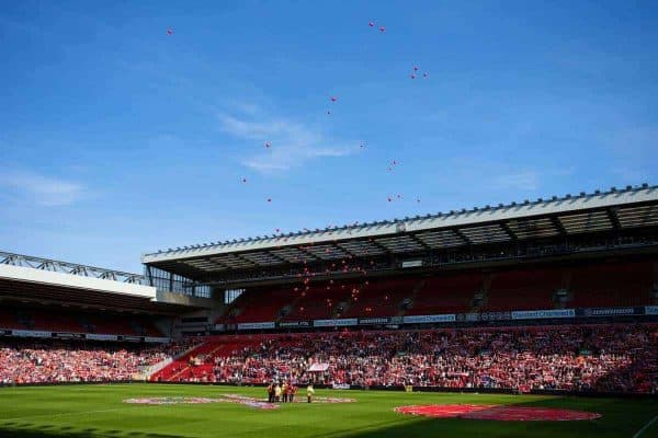 LIVERPOOL, ENGLAND - Tuesday, April 15, 2014: 96 red balloons are released during the 25th Anniversary Hillsborough Service at Anfield. (Pic by David Rawcliffe/Propaganda)