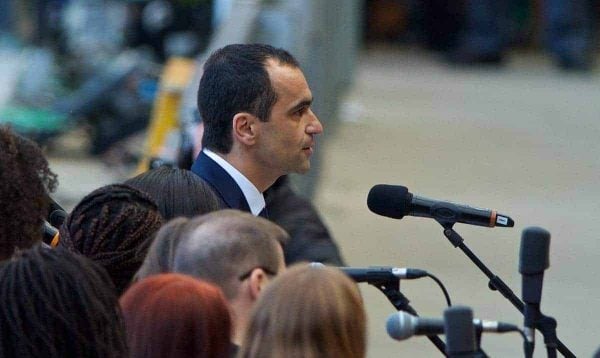 LIVERPOOL, ENGLAND - Tuesday, April 15, 2014: Everton manager Roberto Martinez gives a speech during the 25th Anniversary Hillsborough Service at Anfield. (Pic by David Rawcliffe/Propaganda)