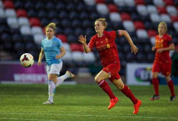 WIDNES, ENGLAND - Thursday, April 17, 2014: Liverpool Ladies' Natasha Dowie in action against Manchester City Ladies during the FA Women's Super League match at the Halton Stadium. (Pic by David Rawcliffe/Propaganda)