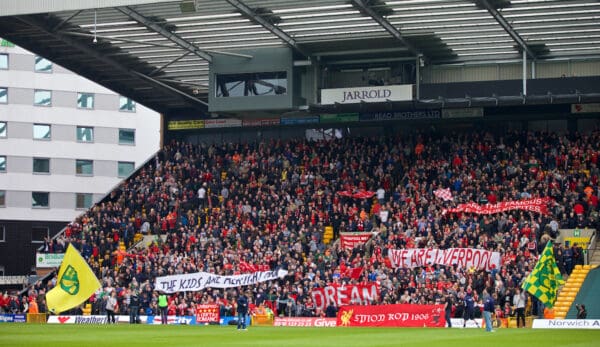 NORWICH, ENGLAND - Sunday, April 20, 2014: Liverpool supporters before the Premiership match against Norwich City at Carrow Road. (Pic by David Rawcliffe/Propaganda)