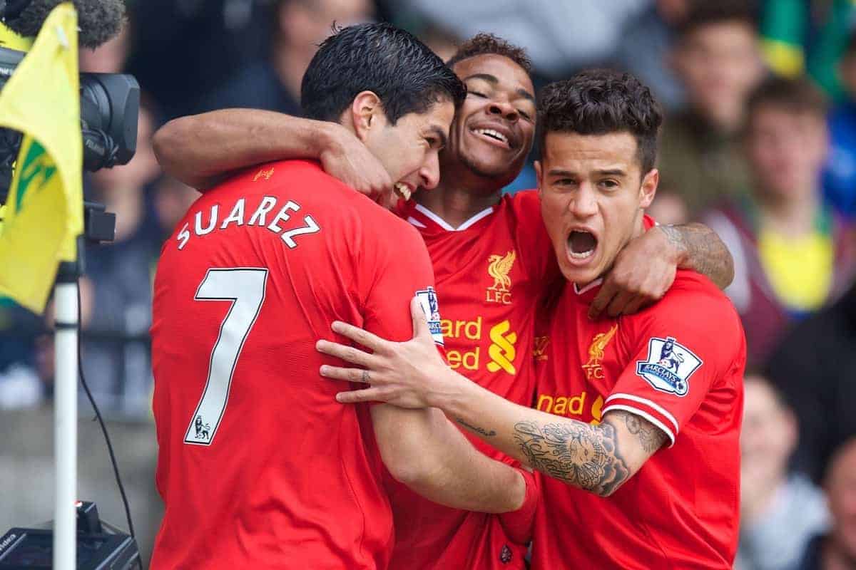 NORWICH, ENGLAND - Sunday, April 20, 2014: Liverpool's Luis Suarez celebrates scoring the second goal against Norwich City with team-mates Raheem Sterling and Philippe Coutinho Correia during the Premiership match at Carrow Road. (Pic by David Rawcliffe/Propaganda)