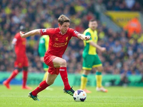 NORWICH, ENGLAND - Sunday, April 20, 2014: Liverpool's Joe Allen in action against Norwich City during the Premiership match at Carrow Road. (Pic by David Rawcliffe/Propaganda)