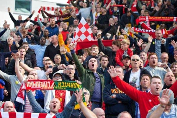 NORWICH, ENGLAND - Sunday, April 20, 2014: Liverpool's supporters celebrate their side's 3-2 victory over Norwich City during the Premiership match at Carrow Road. (Pic by David Rawcliffe/Propaganda)