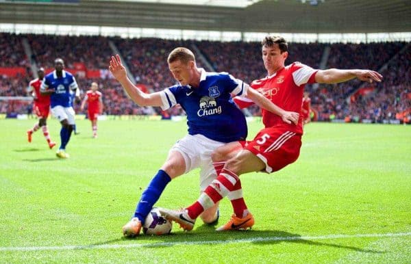 SOUTHAMPTON, ENGLAND - Saturday, April 26, 2014: Everton's James McCarthy is brought down by Southampton's Dejan Lovren during the Premiership match at St Mary's Stadium. (Pic by David Rawcliffe/Propaganda)