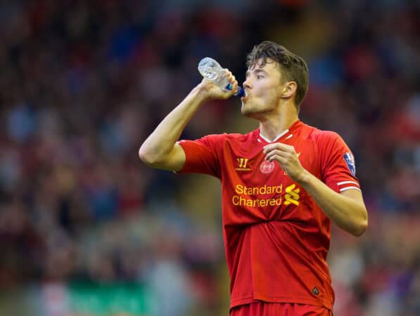 ANFIELD, ENGLAND - Friday, May 2, 2014: Liverpool's Jordan Lussey takes a pill during the Under 21 FA Premier League Semi-Final match against Manchester United at Anfield. (Pic by David Rawcliffe/Propaganda)