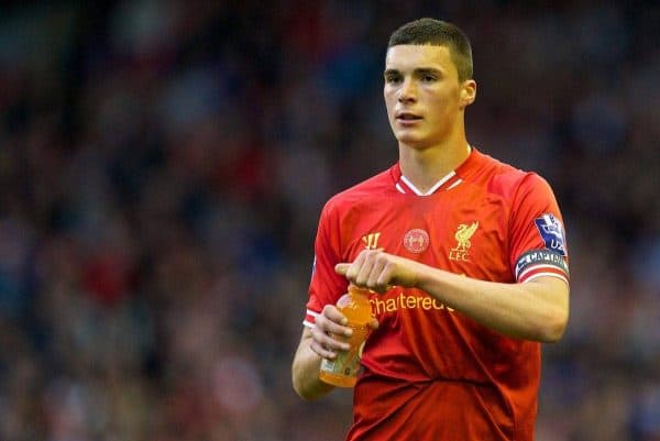 ANFIELD, ENGLAND - Friday, May 2, 2014: Liverpool's captain Lloyd Jones takes a drink during the Under 21 FA Premier League Semi-Final match against Manchester United at Anfield. (Pic by David Rawcliffe/Propaganda)