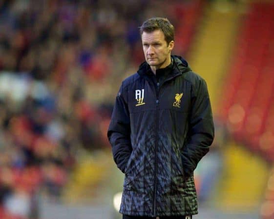 ANFIELD, ENGLAND - Friday, May 2, 2014: Liverpool's reserve team head coach Alex Inglethorpe looks dejected as he see his side lose 1-0 to Manchester United during the Under 21 FA Premier League Semi-Final match at Anfield. (Pic by David Rawcliffe/Propaganda)