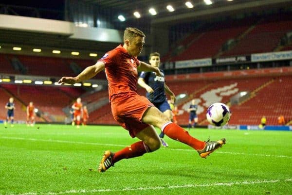 ANFIELD, ENGLAND - Friday, May 2, 2014: Liverpool's Connor Randall in action against Manchester United during the Under 21 FA Premier League Semi-Final match at Anfield. (Pic by David Rawcliffe/Propaganda)