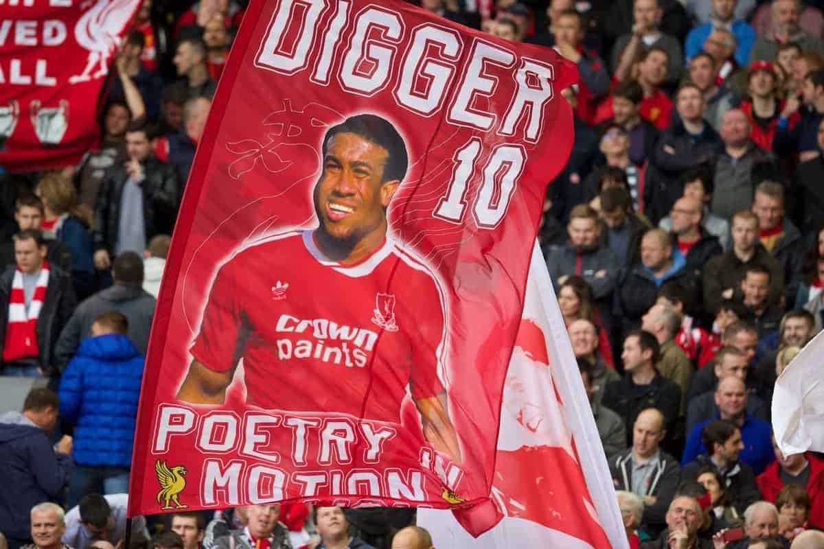 LIVERPOOL, ENGLAND - Sunday, May 11, 2014: Liverpool supporters' banner 'Digger 10' of John Barnes on the Spion Kop before the Premiership match against Newcastle United at Anfield. (Pic by David Rawcliffe/Propaganda)